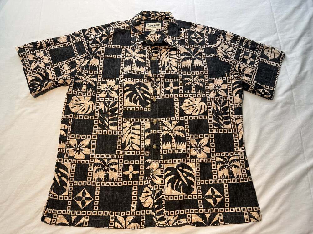 Cooke Street Honolulu Men's XL Hawaiian Shirt Black Tan Tropical Palm Monstera C
